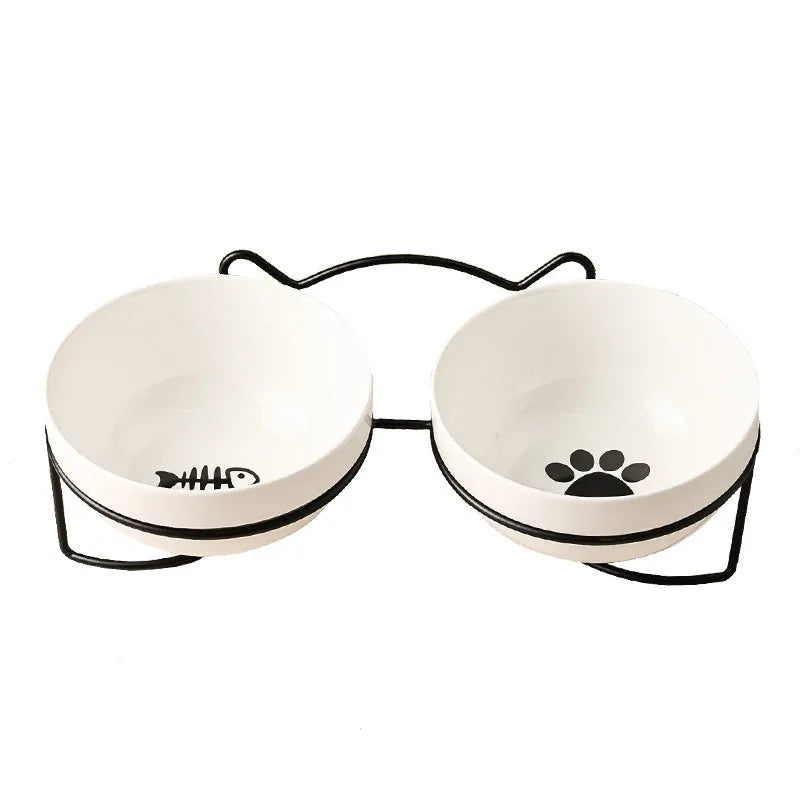 White ceramic cat bowl with decorative iron frame in cat ear design