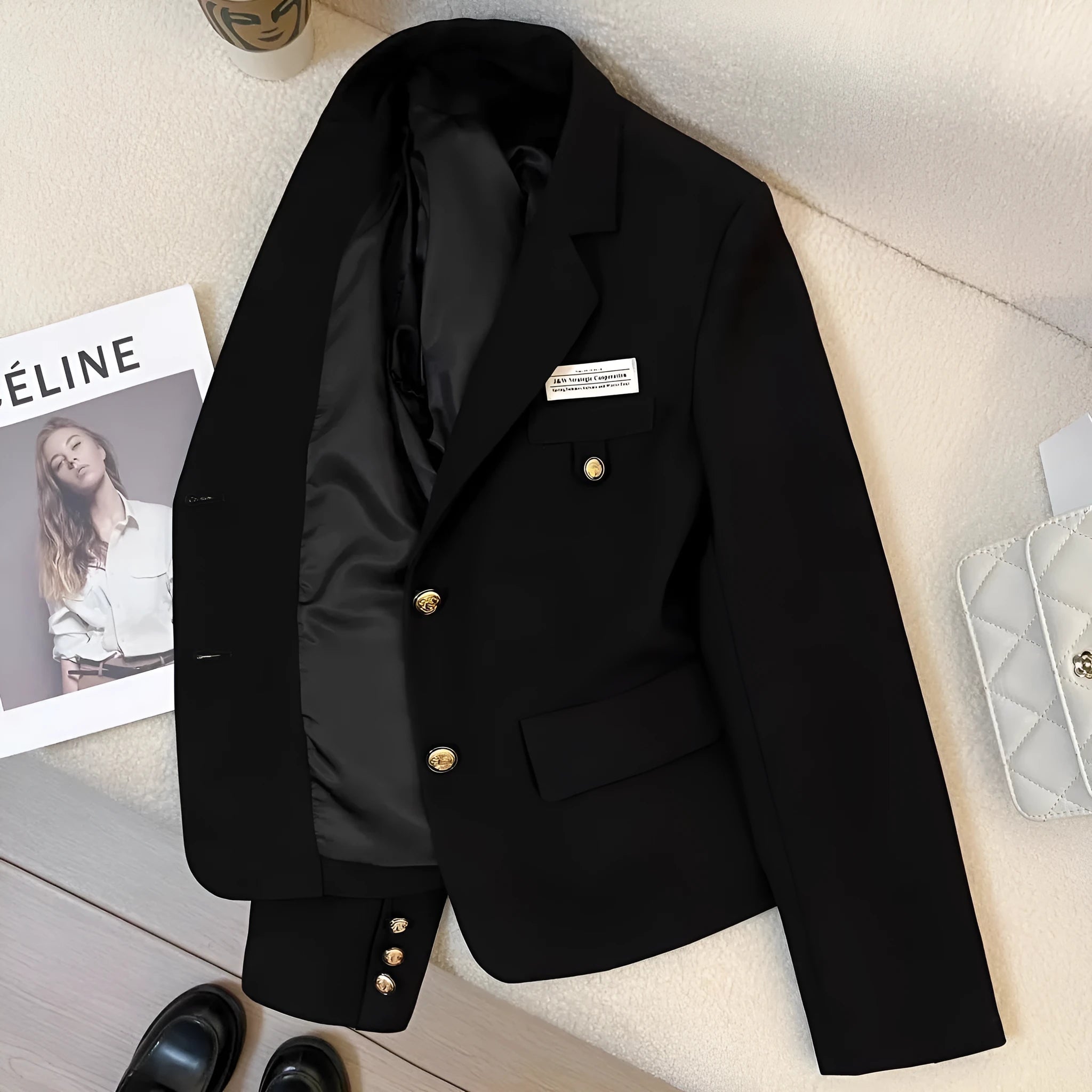 Women's black loose-fit short suit coat with pockets, shown on a hanger.