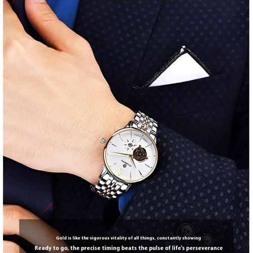 Automatic mechanical men's watch with brown leather strap and stainless steel case
