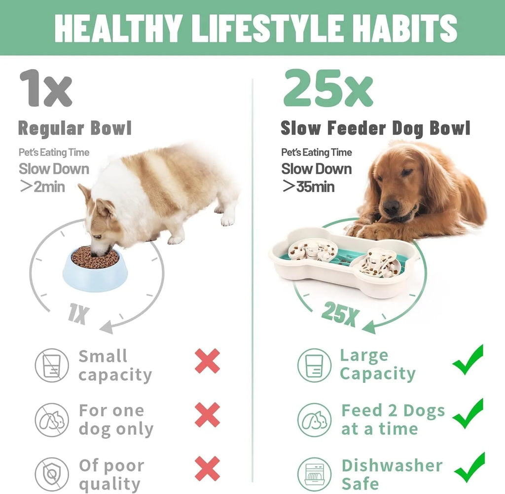 Large green slow feeder dog bowl with three separable puzzle trays and non-slip suction cups on base.