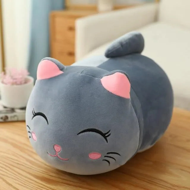 Soft grey cat plush doll with down cotton filling on a white background.