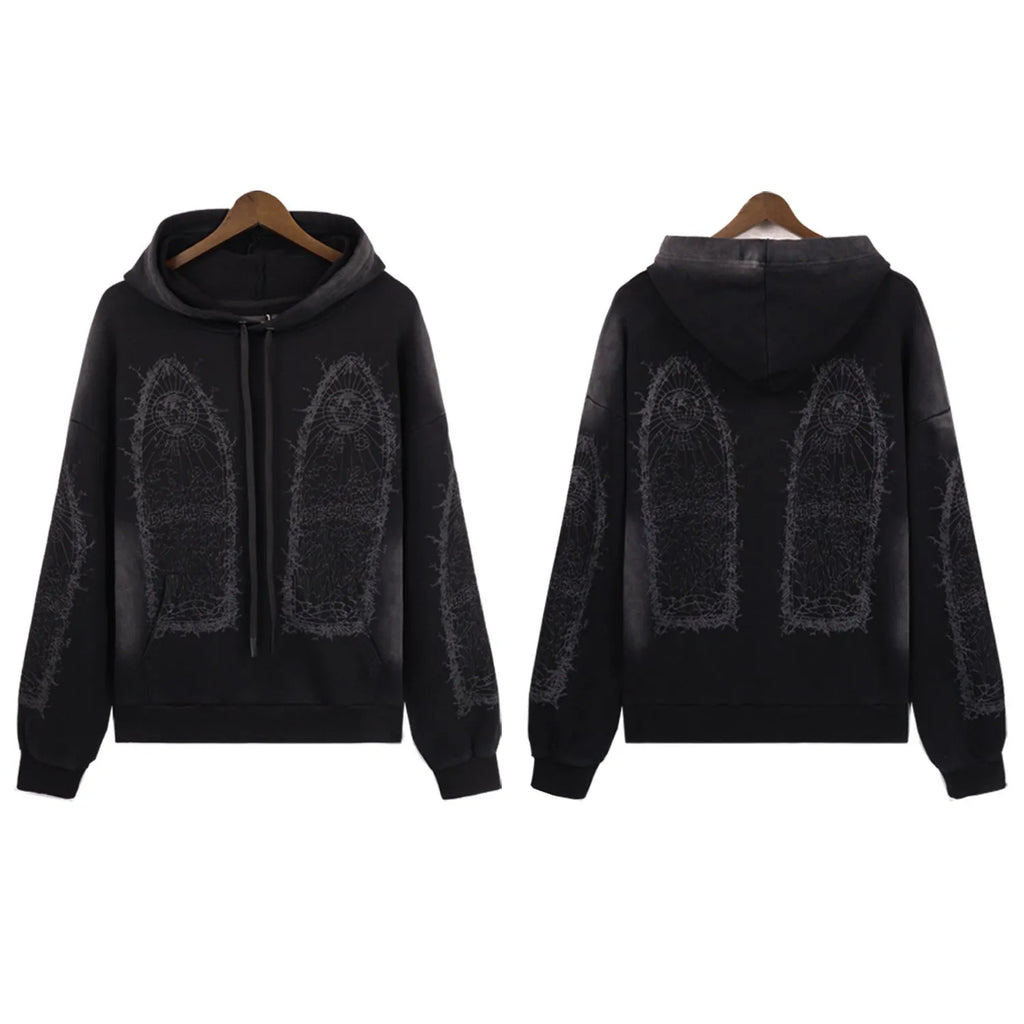 Men's cotton terry pullover sweatshirt with washed distressed finish and large classic letter print on front, loose fit, black colour, against plain background