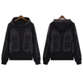 Men's cotton terry pullover sweatshirt with washed distressed finish and large classic letter print on front, loose fit, black colour, against plain background