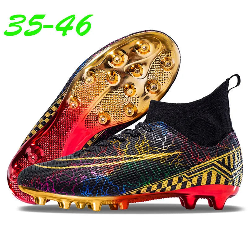 High-top football training shoes in mandarin duck colour with gold-plated PVC sole and lace-up closure