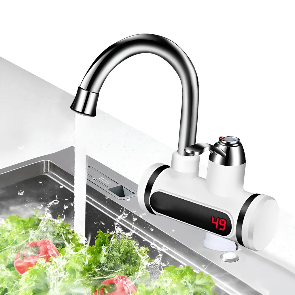 White electric instant water heater tap for kitchen sink with digital temperature display.
