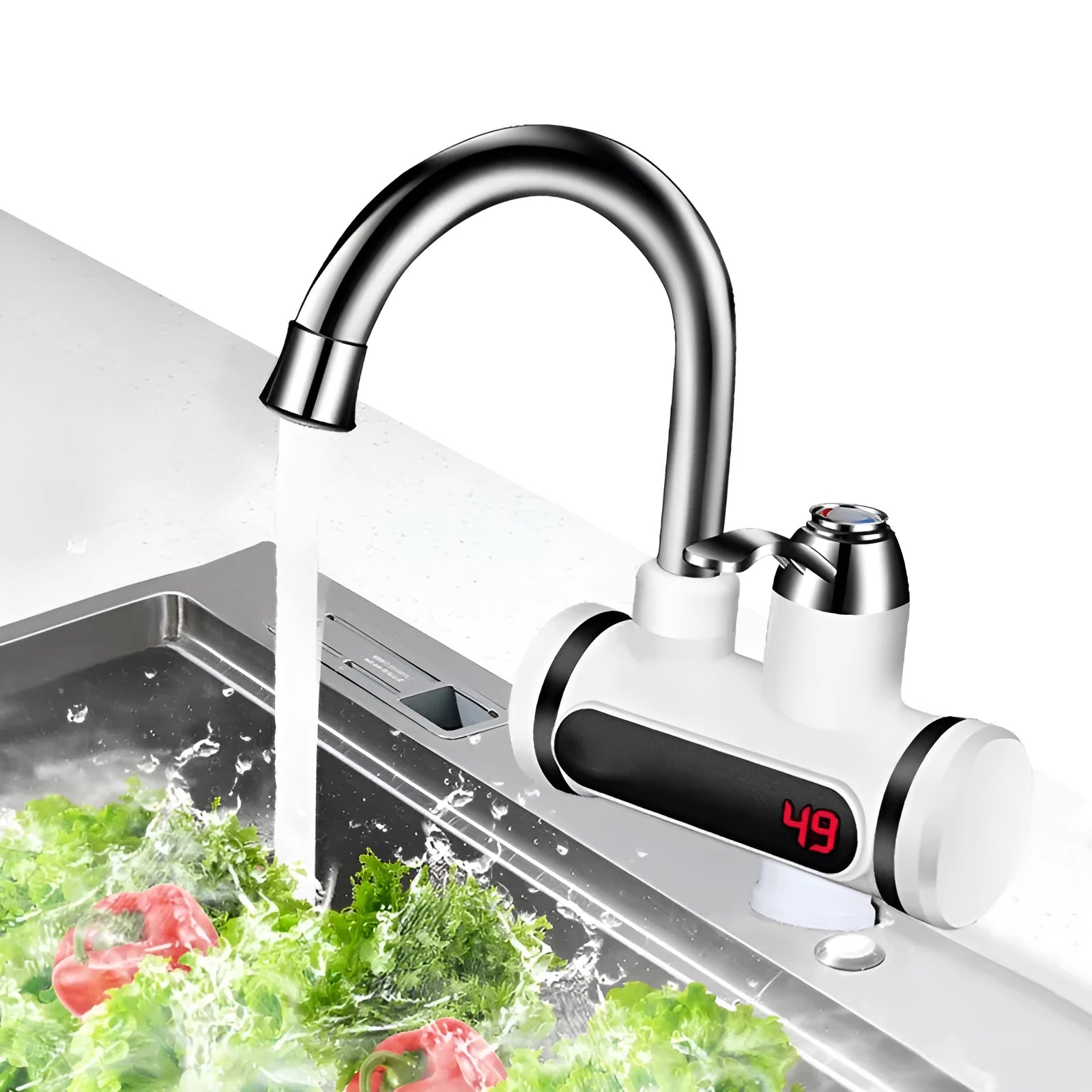 White electric instant water heater tap for kitchen sink with digital temperature display.