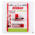 Two red USB rechargeable AA Ni-MH batteries with blue LED charging indicator on white background