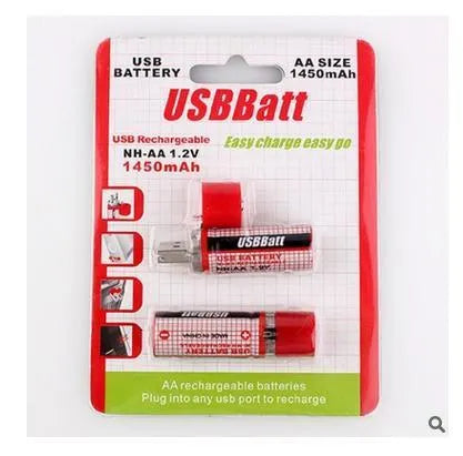 Two red USB rechargeable AA Ni-MH batteries with blue LED charging indicator on white background