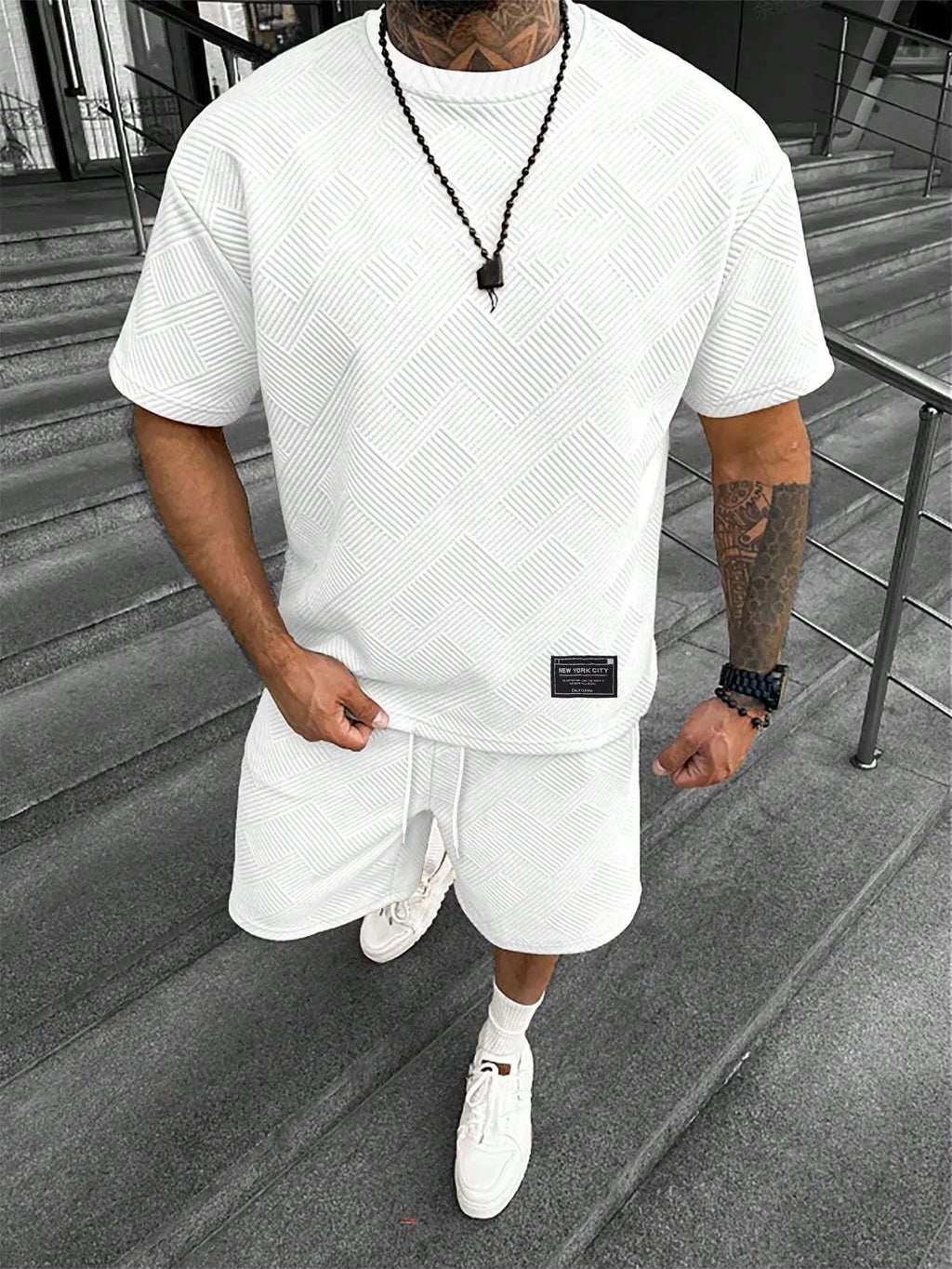 Men's two-piece shorts set with 3D printed design in chemical blend fabric