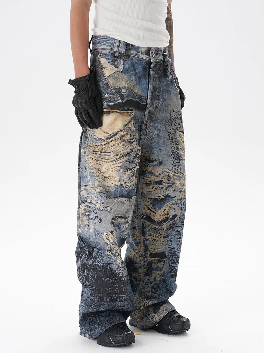 3D digital printed ripped graffiti straight jeans in picture colour, wide leg mid waist denim trousers