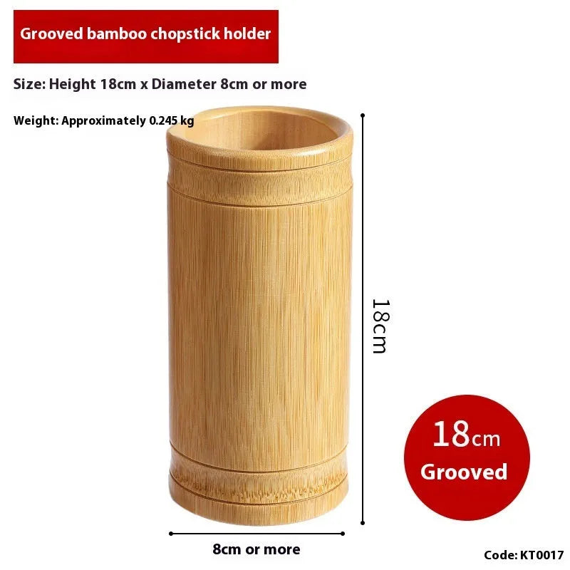 Wild bamboo chopsticks holder tube in various sizes on a wooden table.
