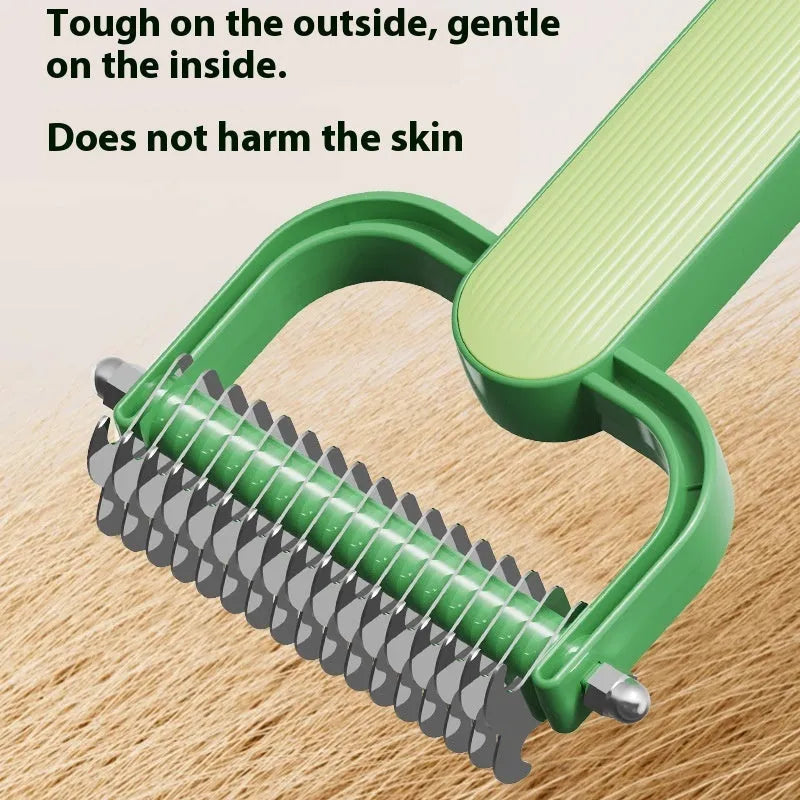 Green plastic and stainless steel dog detangling comb on a grey background.