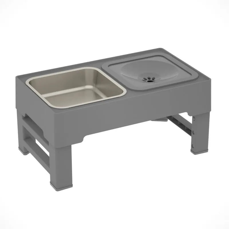Adjustable height grey dog feeding stand with two stainless steel bowls on an anti-slip base