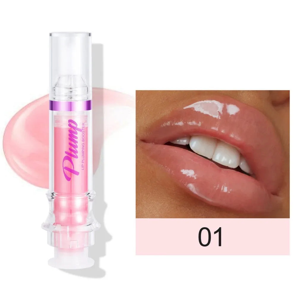 Tube of lip gloss showing shiny finish, available in six different colour shades.