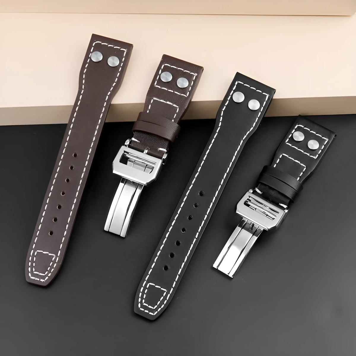 Genuine leather watch band strap in black with silver buckle, 22mm width