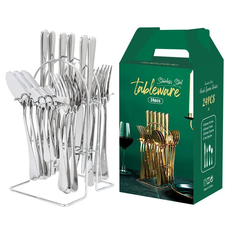 24-piece stainless steel cutlery set with storage rack in a gold finish