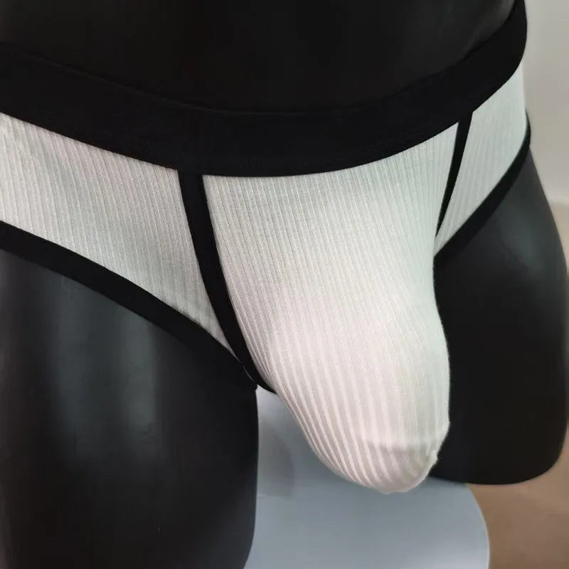 Men's black U-shaped underwear with triangle pouch design showing knitted viscose fabric texture