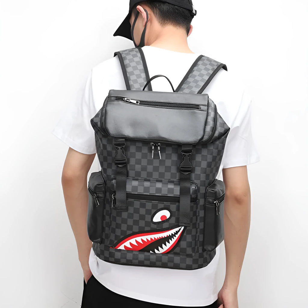 Korean checkered printed black PU leather backpack with curved shoulder straps showing interior polyester lining