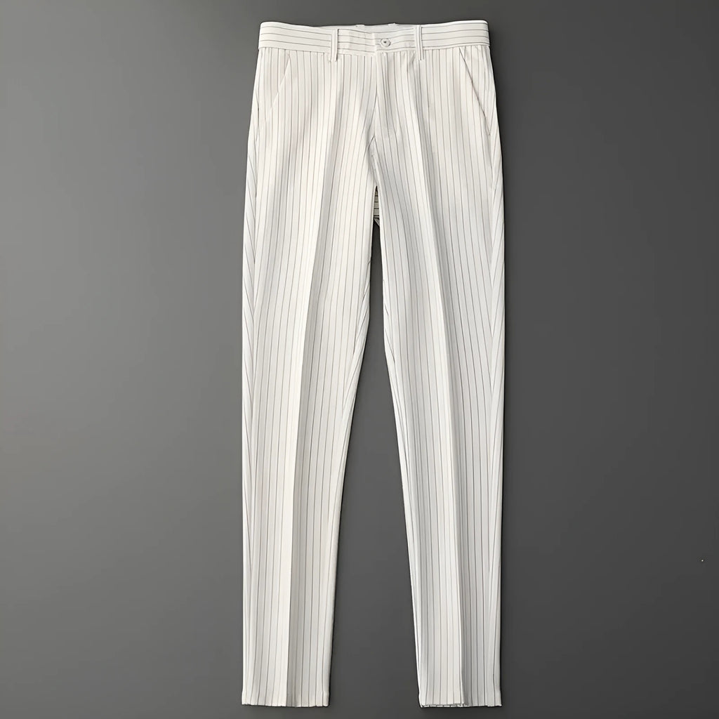 Men's thin striped loose suit pants in black and white, showing trousers style and crop jeans options