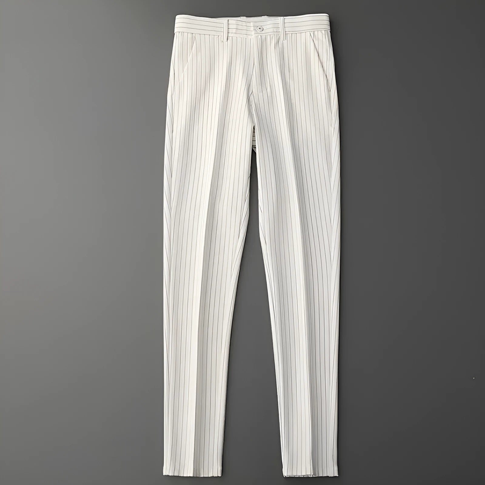 Men's thin striped loose suit pants in black and white, showing trousers style and crop jeans options