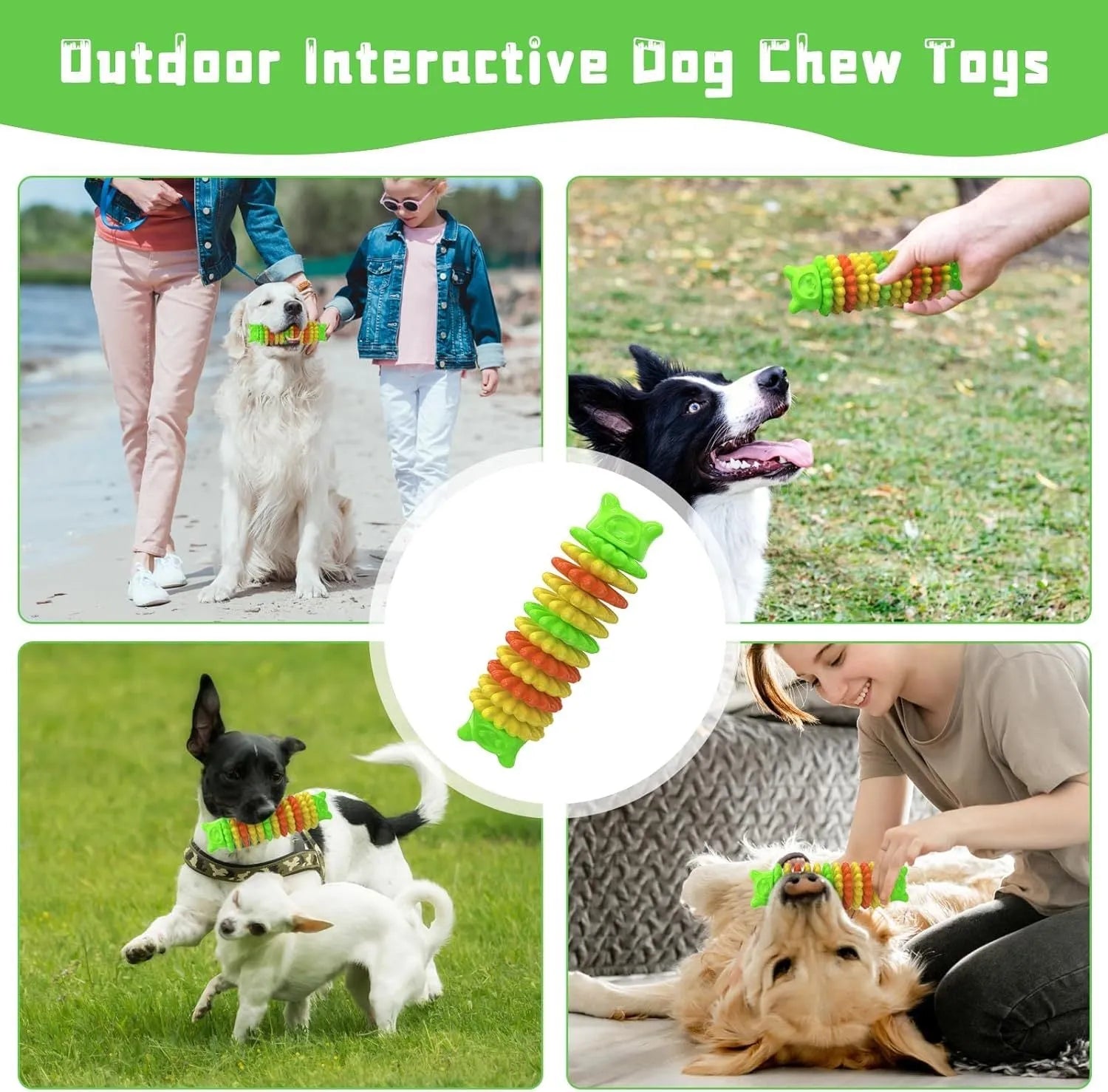 Blue caterpillar-shaped rubber dog chew toy for aggressive chewers