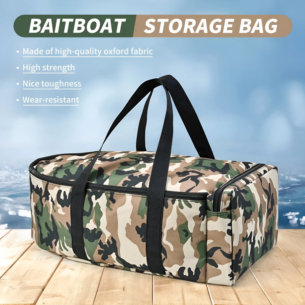 Portable remote control fishing bag made from 1000D polyester fibre, available in camouflage and black colours, for storing fishing boat and remote control.