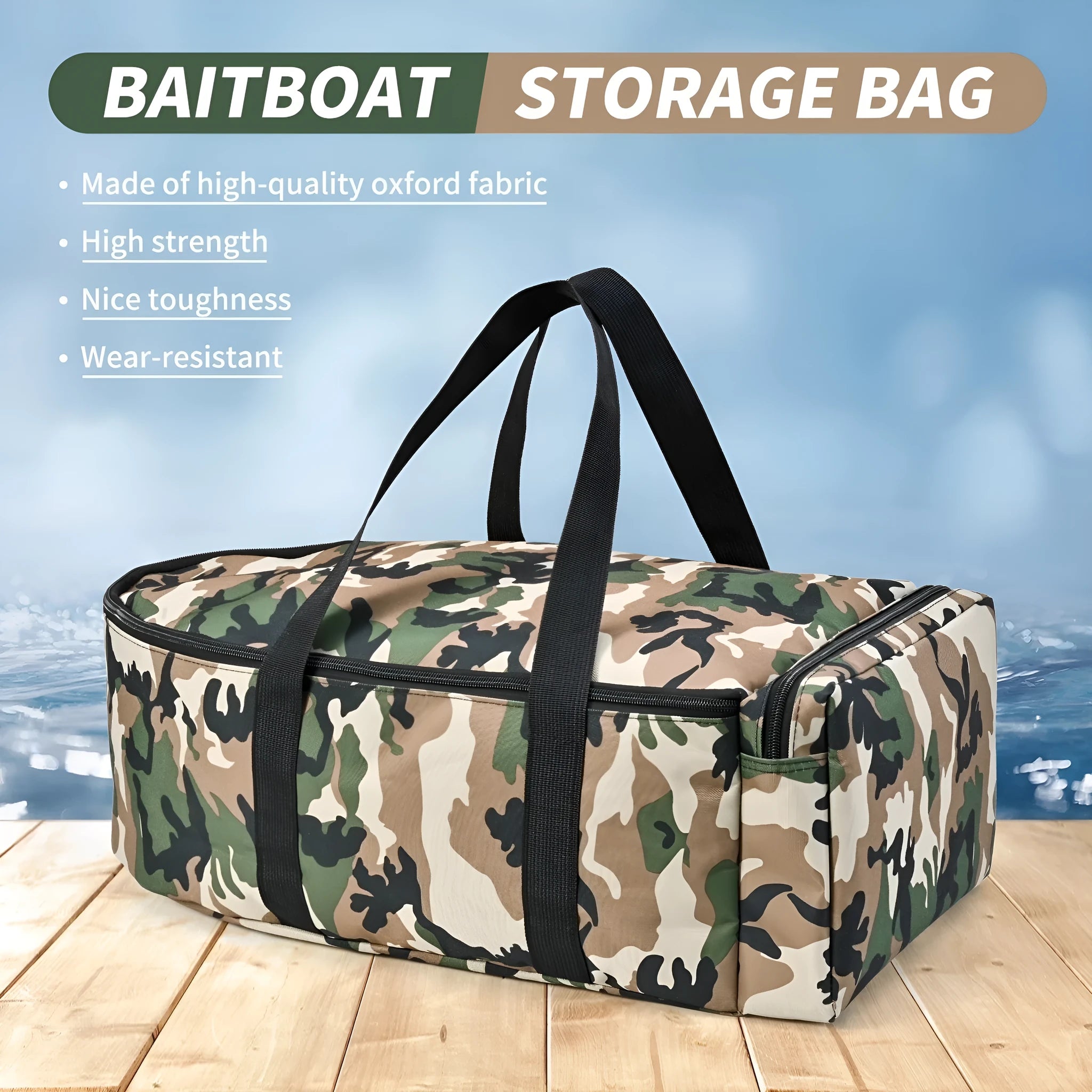Portable remote control fishing bag made from 1000D polyester fibre, available in camouflage and black colours, for storing fishing boat and remote control.