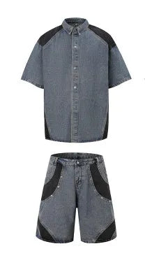 Retro washed denim suit set with short-sleeved shirt and matching trousers in black colour