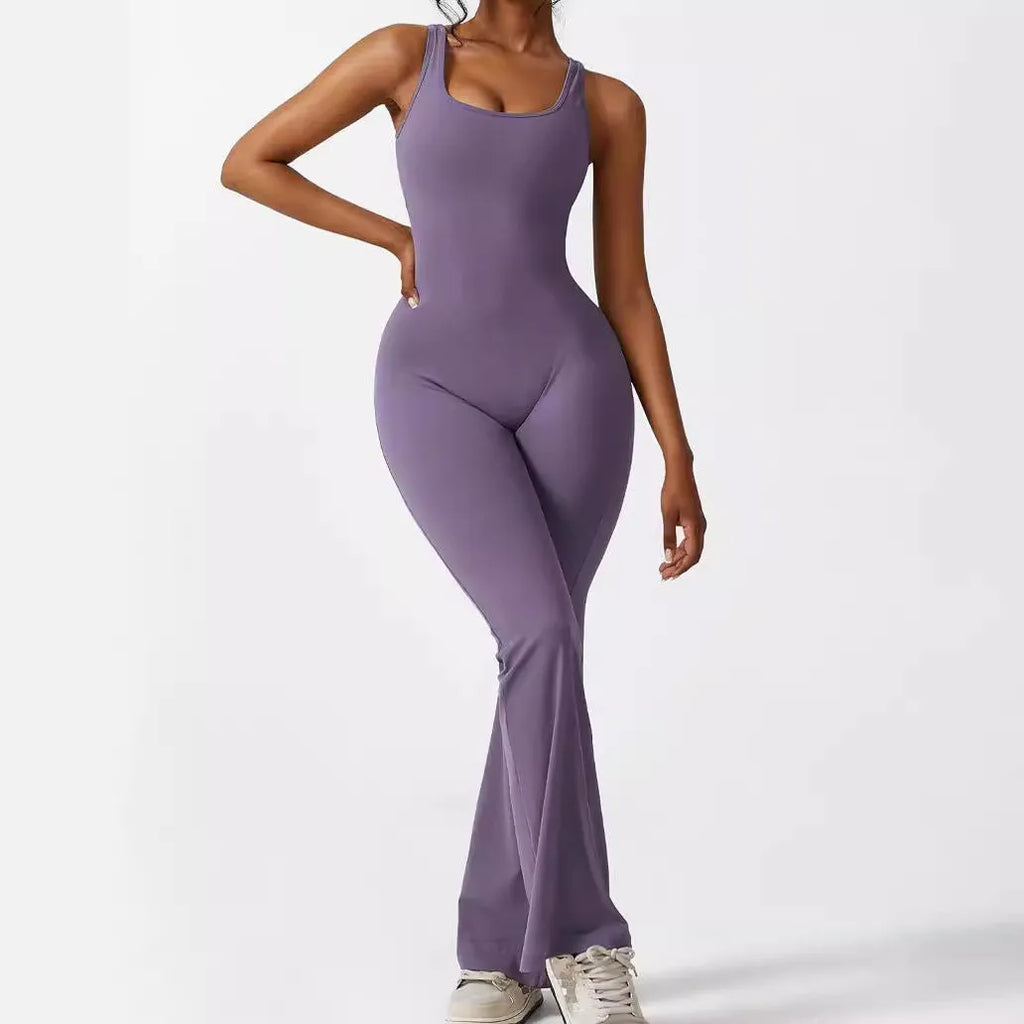 Women's sleeveless flare jumpsuit for yoga fitness in high elasticity polyester fabric