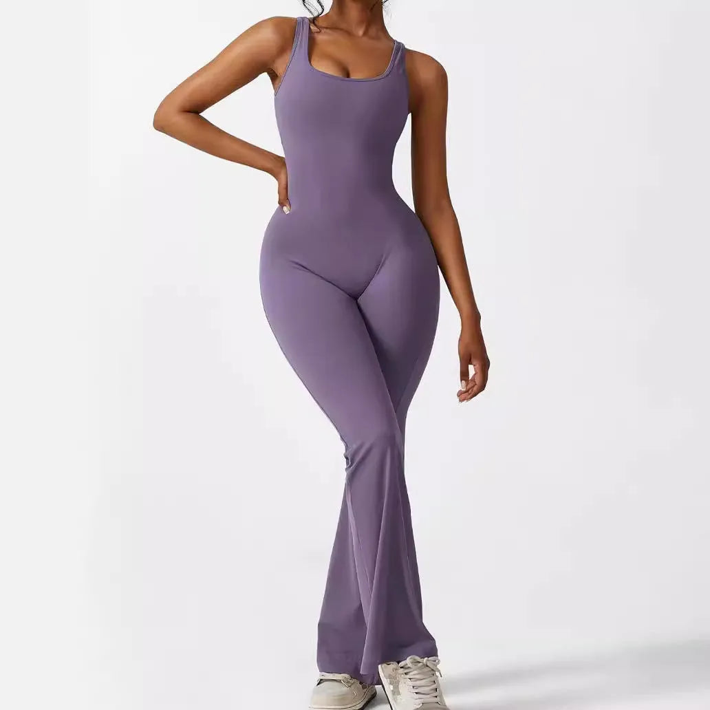 Women's sleeveless flare jumpsuit for yoga fitness in high elasticity polyester fabric