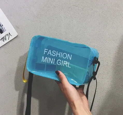 Transparent square women's shoulder bag with adjustable strap in multiple colour options showing internal mobile phone pocket