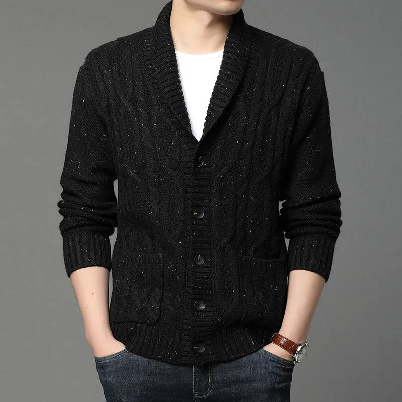 Men's dark grey jacquard knit cardigan jacket on a hanger.