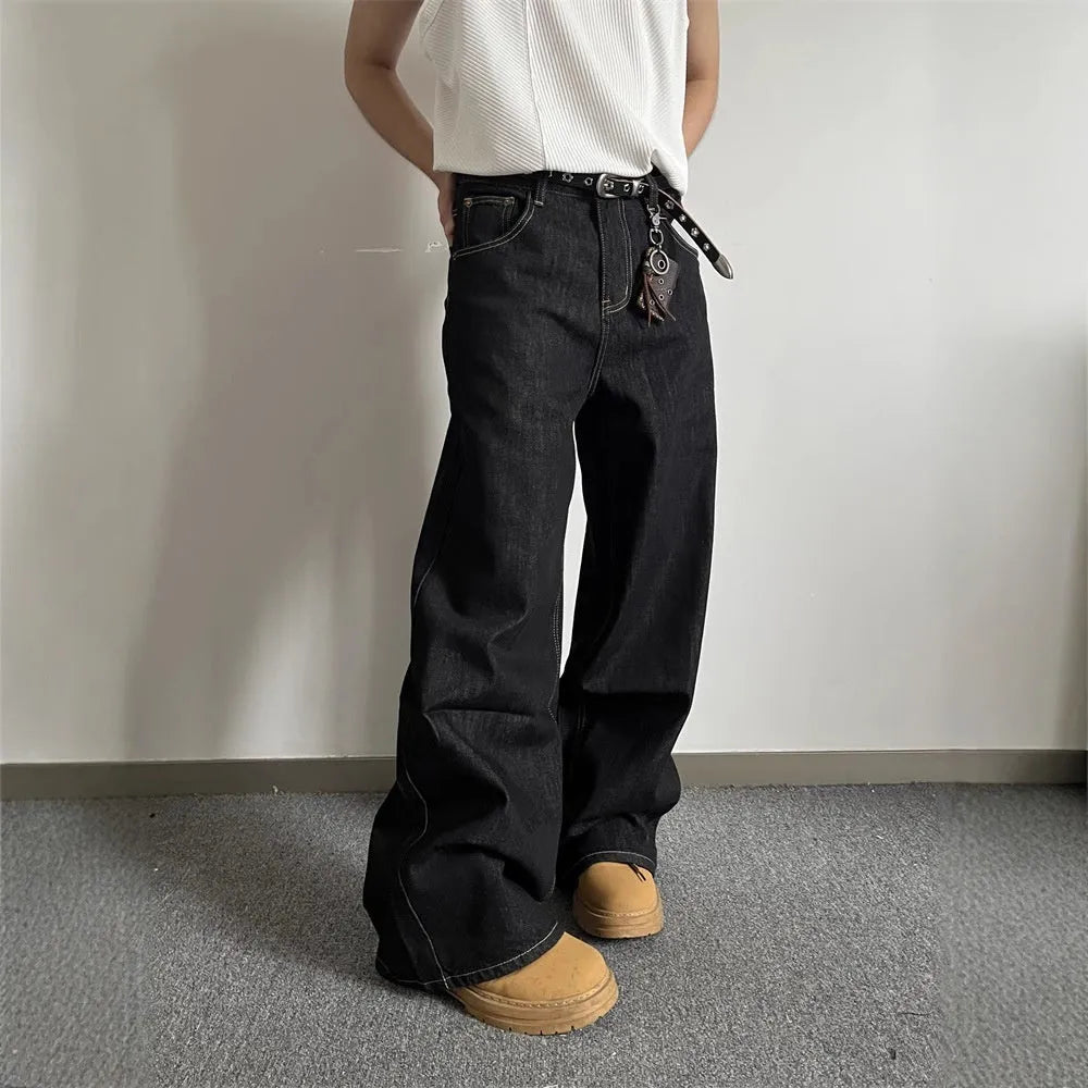 Black straight-leg wide jeans with zip fly and mid-waist design