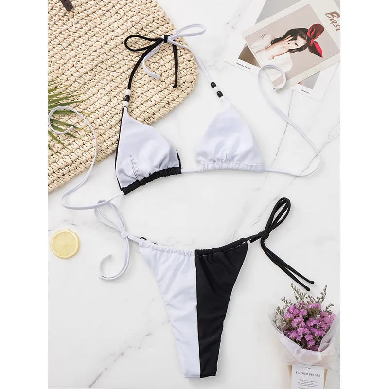 Black and white lace-up front women's triangle cup bikini swimsuit set