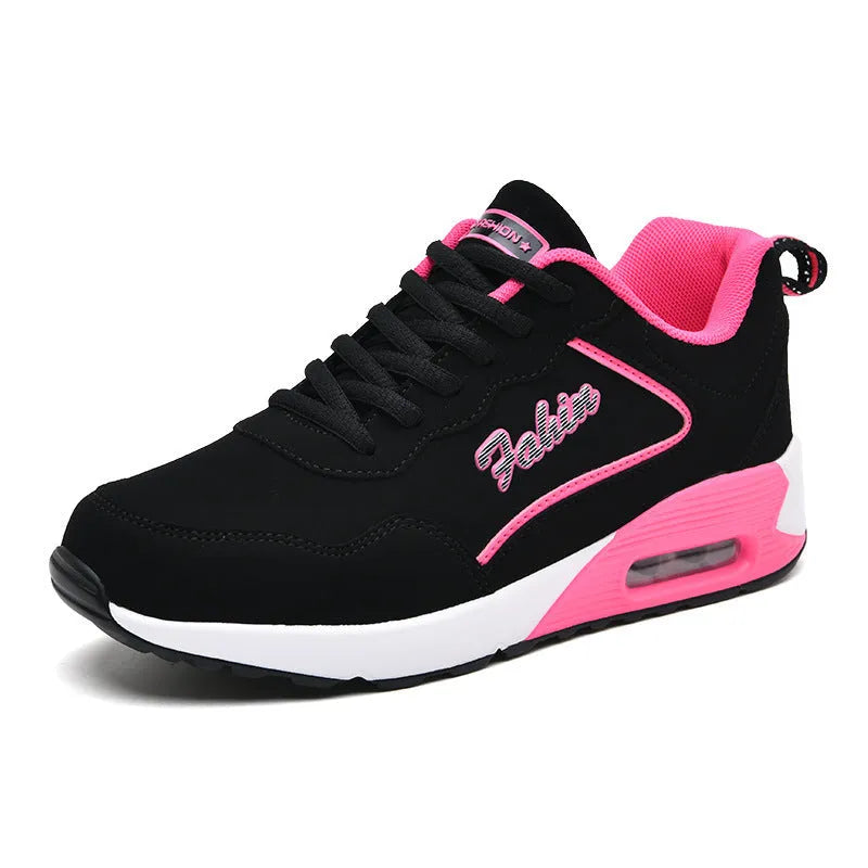 Spring leather plus size air cushion sports shoes for women, casual walking, low-top lace-up, black and white colour