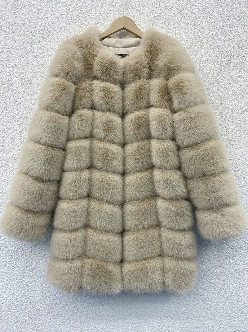 Women's long artificial fur coat in a choice of colours including apricot and black, showing regular sleeves.