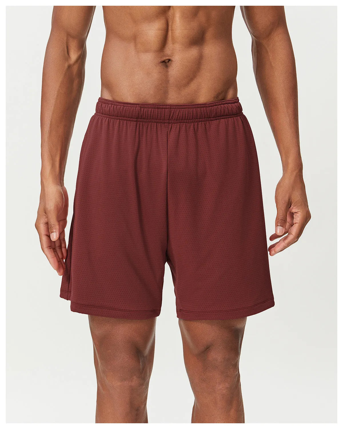 Men's quick-dry nylon double-layer running shorts in dark brown, shown laid flat.