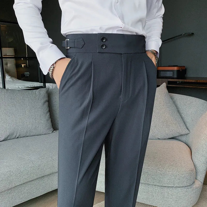Men's straight-leg casual trousers in solid colours including black, gray, and khaki.