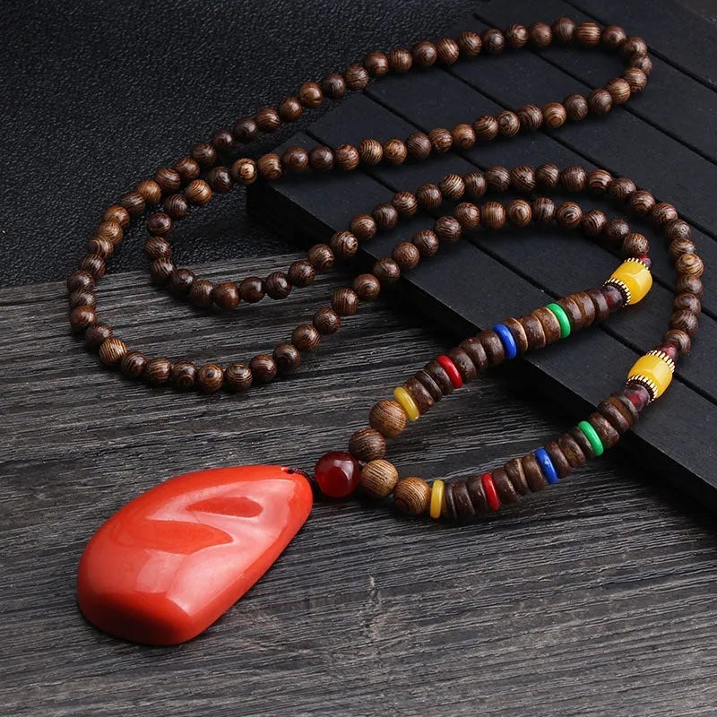 Unisex handmade long bead necklace with Bodhi pendant on chain