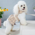 Milky white and purple pet vest harnesses with integrated hand-holding rope and skirt.
