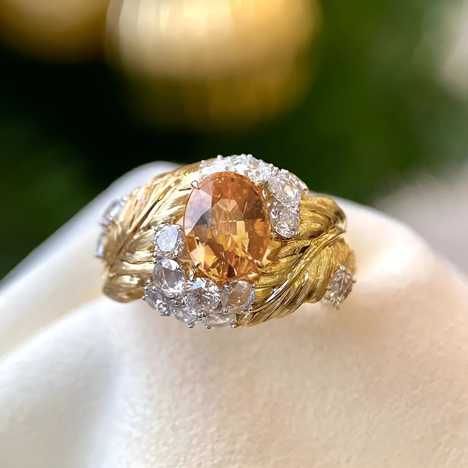 Women's gold-colour copper ring with embossed feather design and inlaid yellow zircon stones in geometric shape