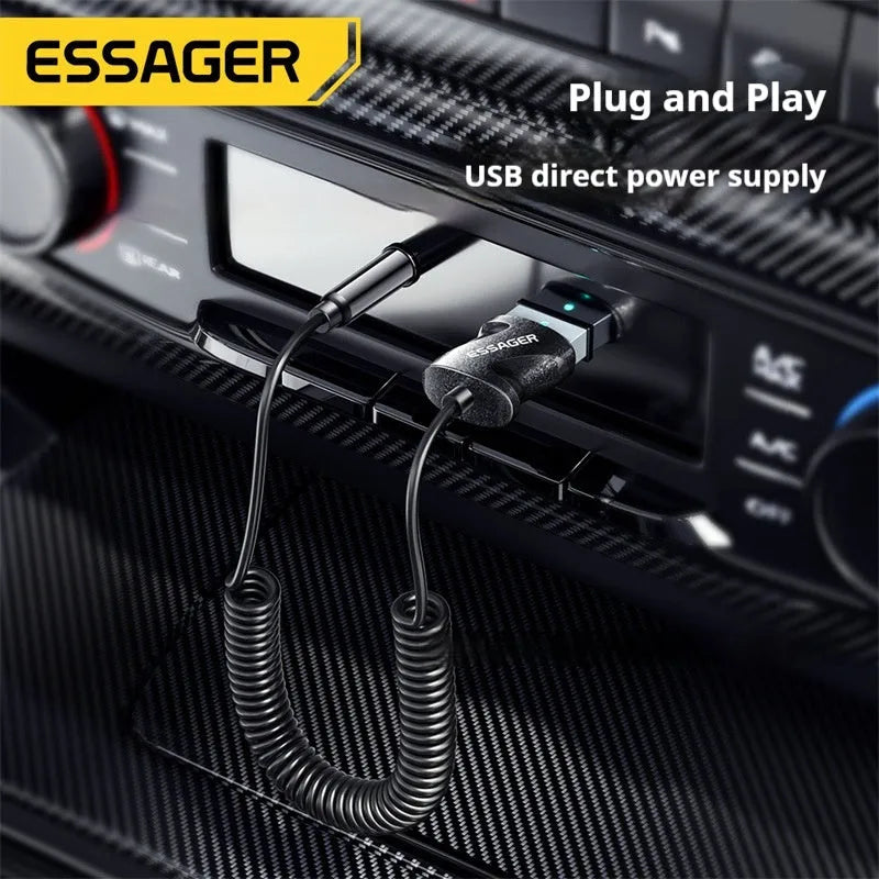 ESSAGER Shadow Arc Bluetooth 5.0 audio receiver in black with TPE spring wire and gold-plated 3.5mm plug