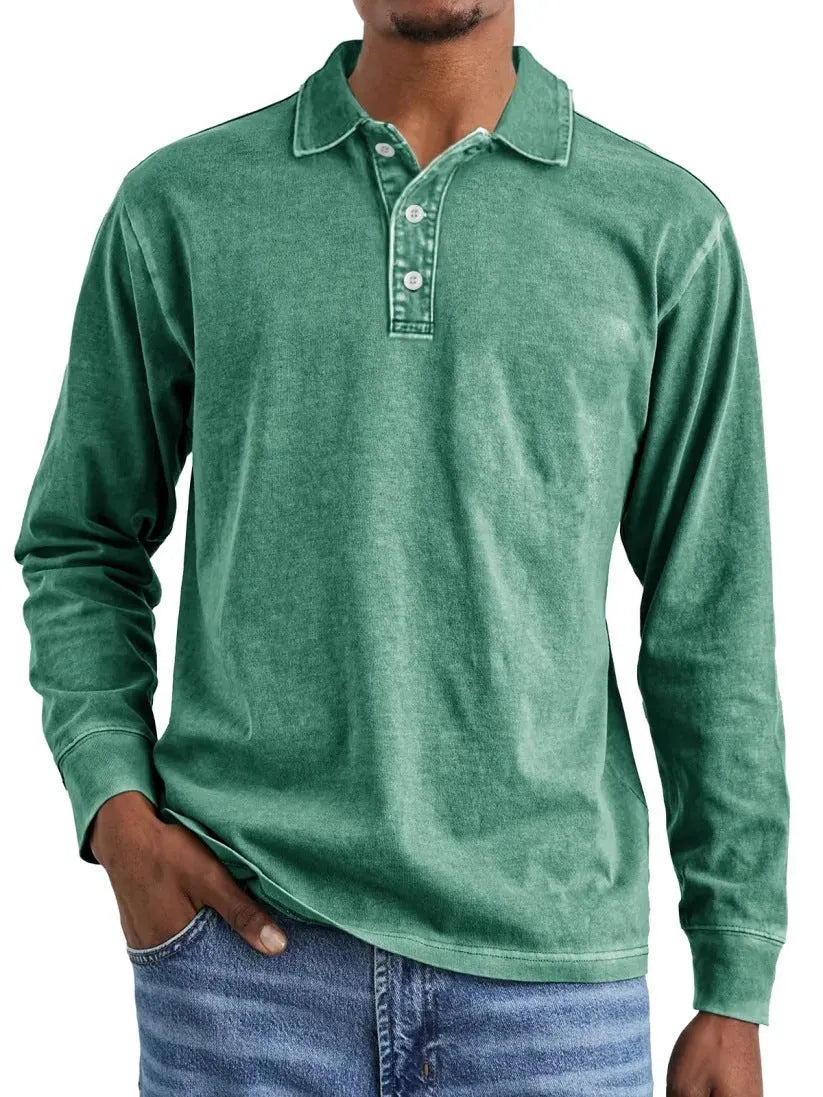 Men's long-sleeve distressed cotton polo shirt with a lapel collar in army green.