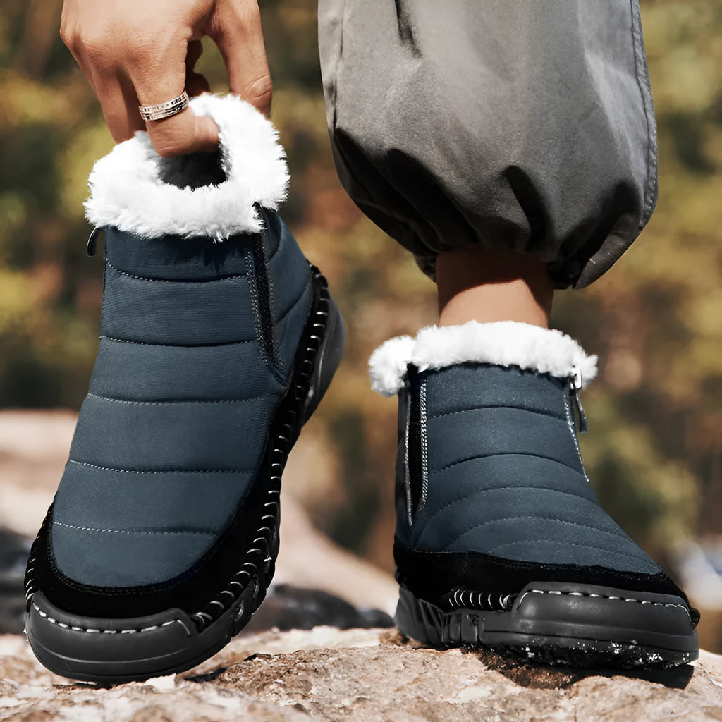 Men's plus size snow boots in black with round toe design and non-slip rubber sole