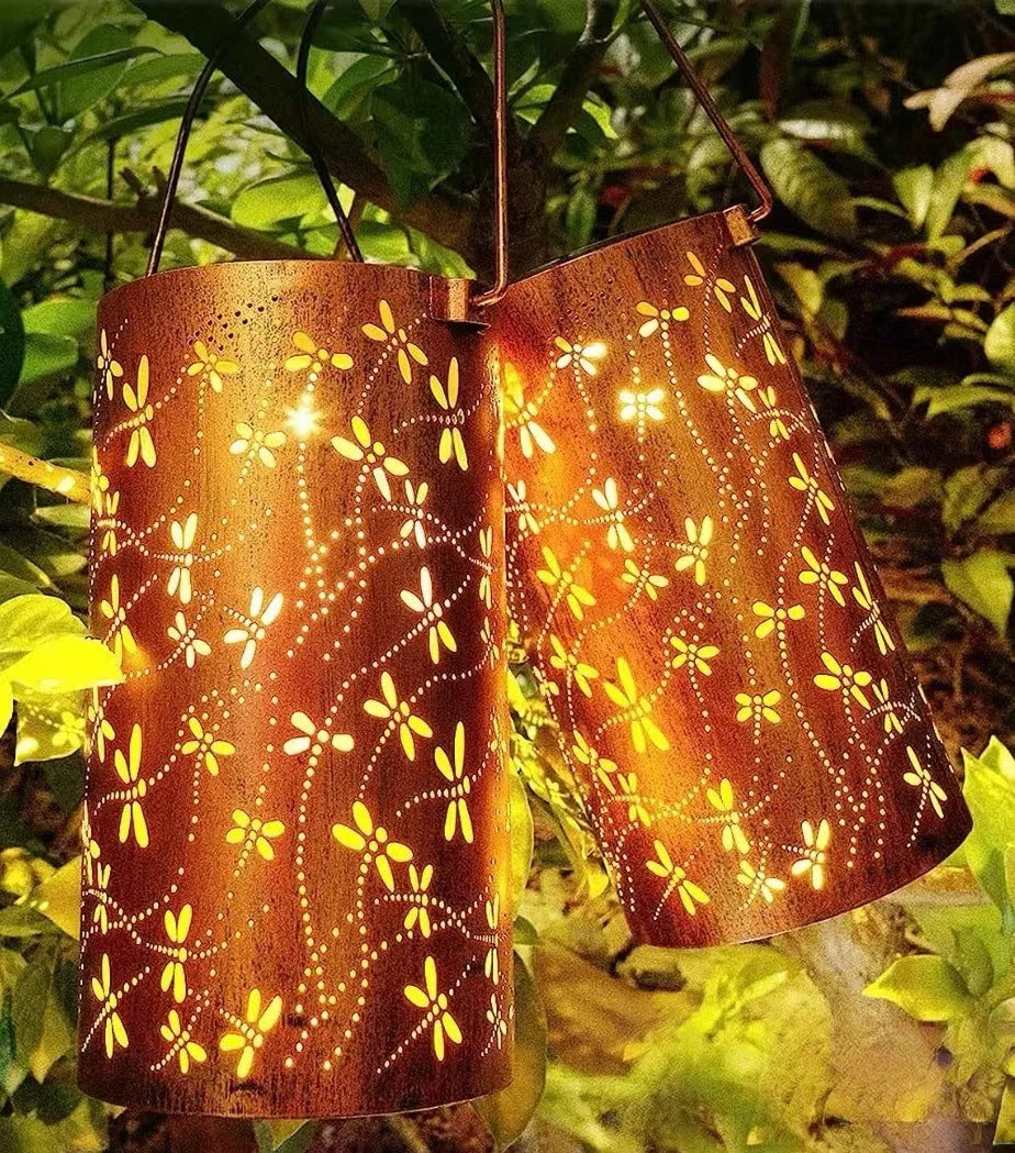 Solar-powered iron hanging ceiling lamp with decorative design for outdoor courtyards