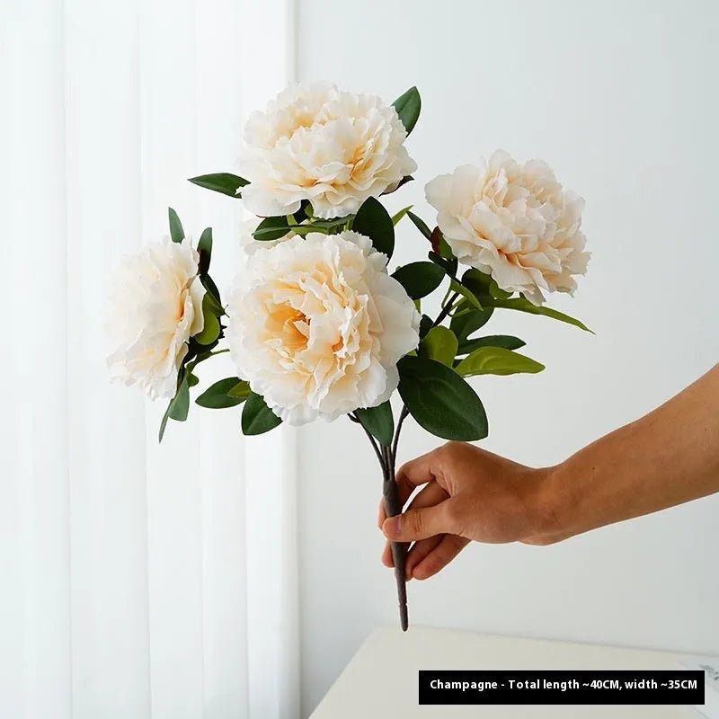 40cm artificial silk peony 5-head bouquet in light champagne colour on white background