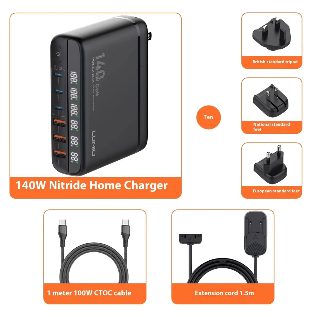 Black 140W gallium nitride mobile phone charger with digital display and Type-C USB interface