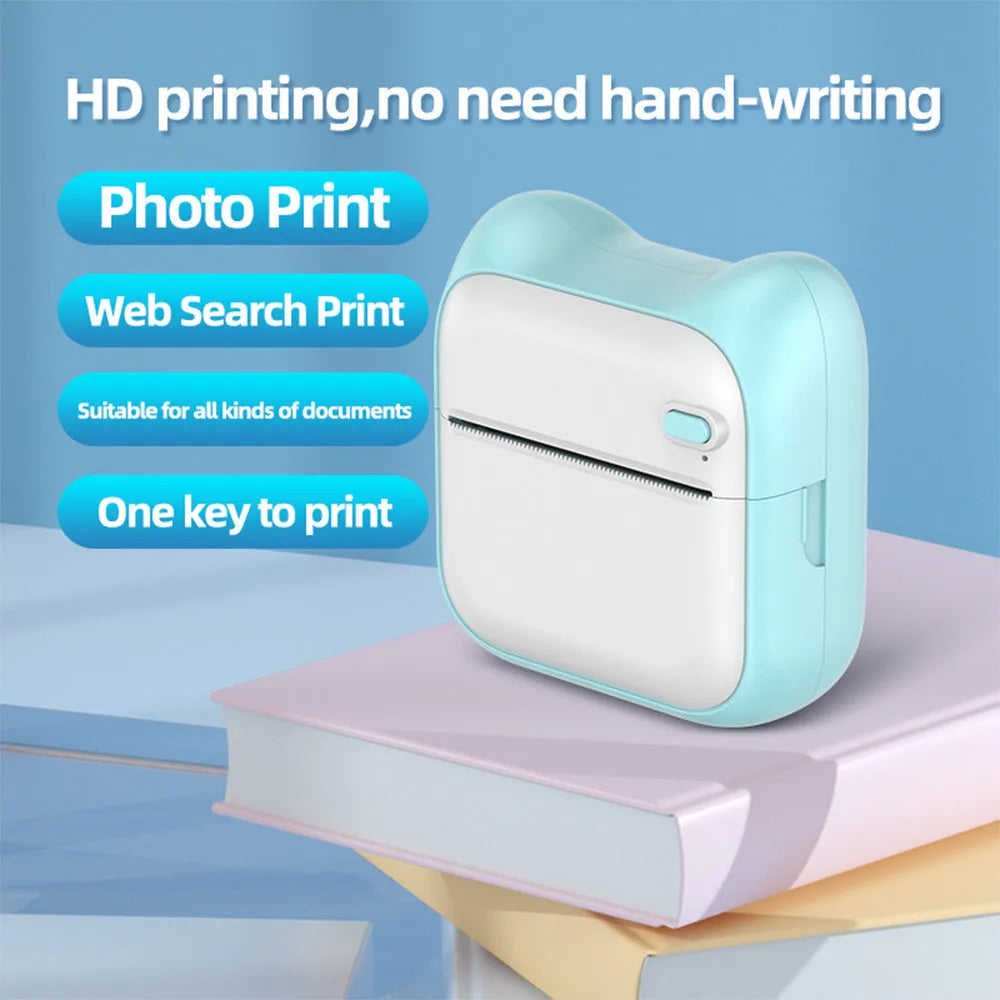 Pink mini pocket Bluetooth thermal printer measuring 90x45x82mm with USB charging cable