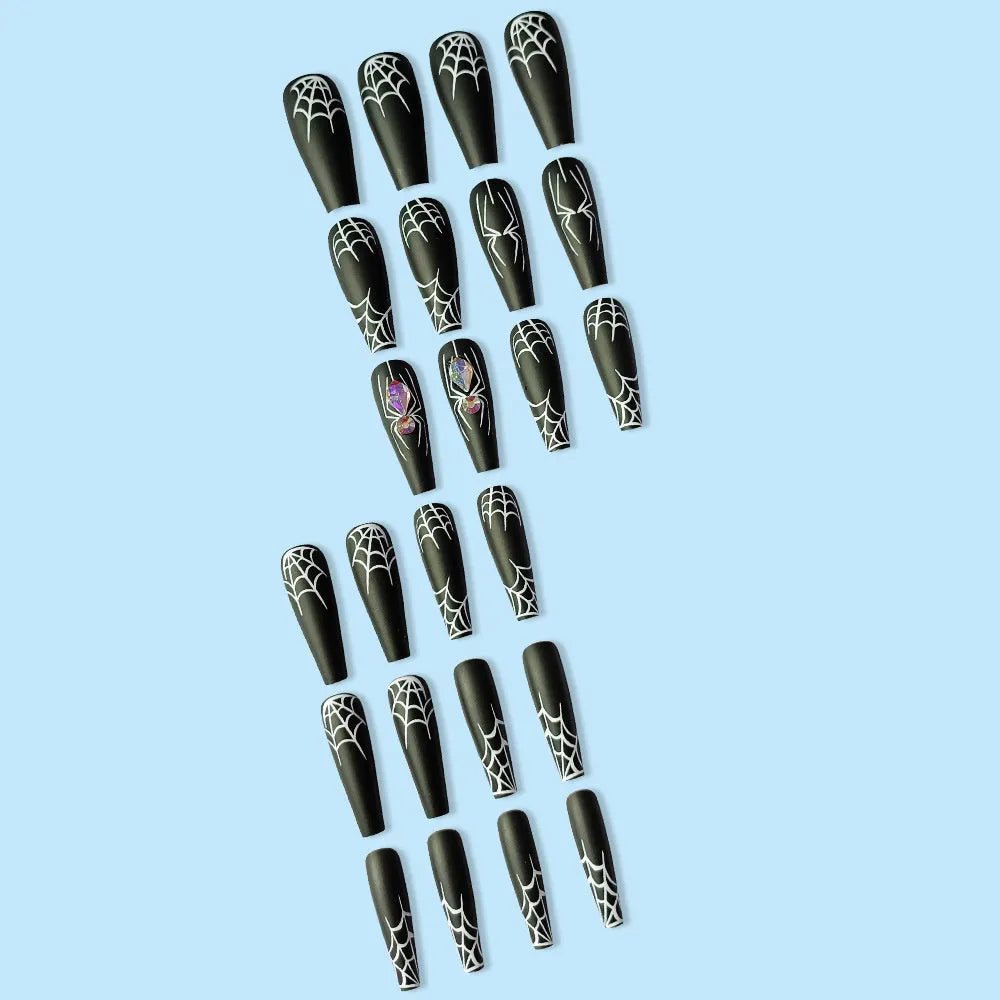 Dark Spider Halloween nail tips 24 pieces with glue, sweet cool long wearable design cartoon pattern