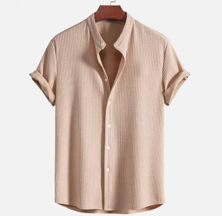 Men's loose fit short sleeve polyester shirt in multiple colour options including wine red, dark green and light blue